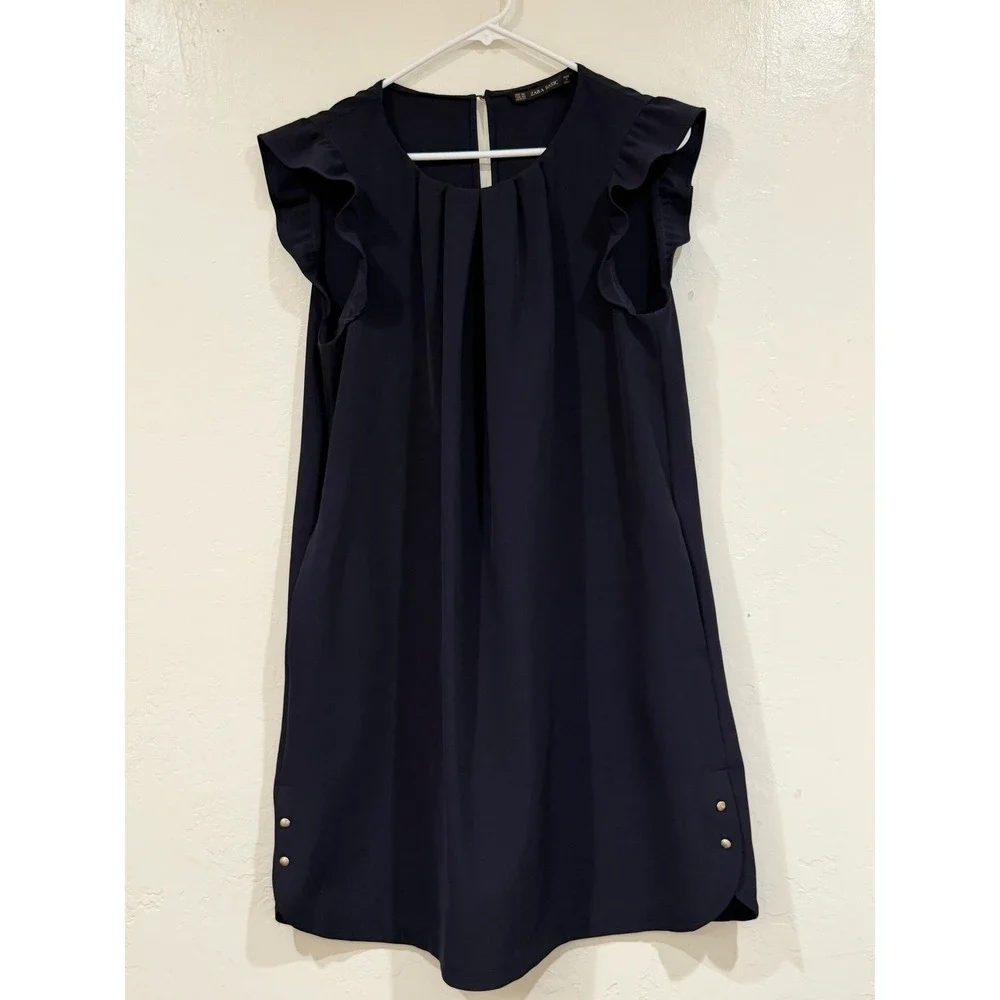 Zara Basic Navy Blue Ruffle Sleeve Pleated Shift Dress with Pockets XL